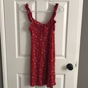 pretty little thing red floral print frill detail shift dress
